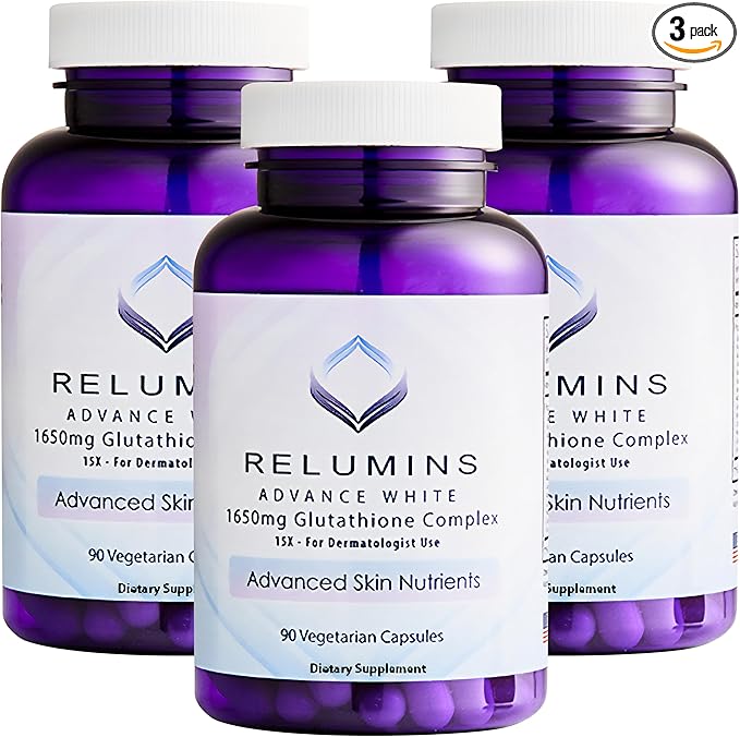 Relumins L-Glutathione Complex 1650mg - Antioxidant Support with Alpha Lipoic Acid, NAC, L-Methionine, Vitamin E, Skin Health Supplement, Made in USA - 90 Vegetarian Capsules x 3 Bottles