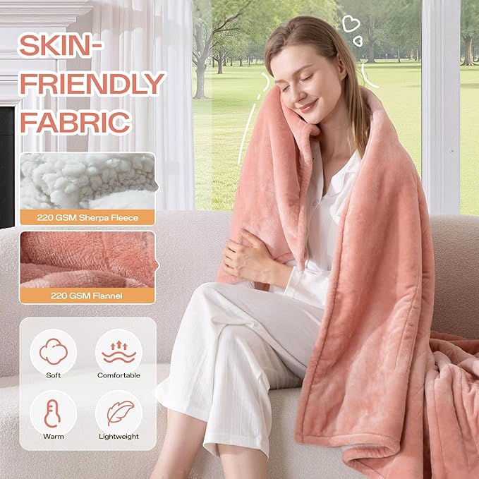 Electric Blanket Heated Throw, 50" x 60" Heated Blanket with 8 Heat Levels & 8 Hours Auto Off, Fast Heating Blankets Machine Washable with ETL Certification, Pink