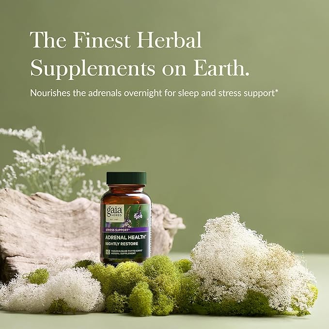 Gaia Herbs Adrenal Health Nightly Restore - Herbal Supplement with Ashwagandha, Magnolia Bark, Cordyceps, Lemon Balm & More* - 60 Vegan Liquid Phyto-Capsules (30 Servings)