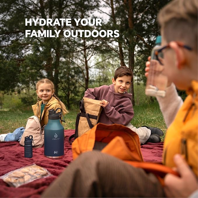 IDEUS Insulated Stainless Steel Water Bottle with 2 Leak-Proof Lids, Thermal Water Flask for Hiking Biking, 64oz, Green