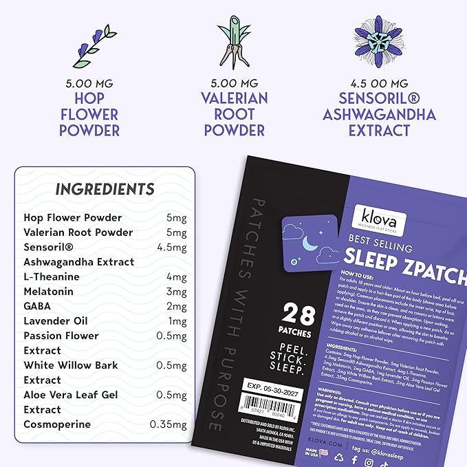 Klova ZSleep Patches for Adults | Natural Sleep Aid with Melatonin, Ashwagandha, Valerian, GABA & L-Theanine | Fall Asleep Faster, Stay Asleep Longer & Wake Up Refreshed | 28 Sleep Patches