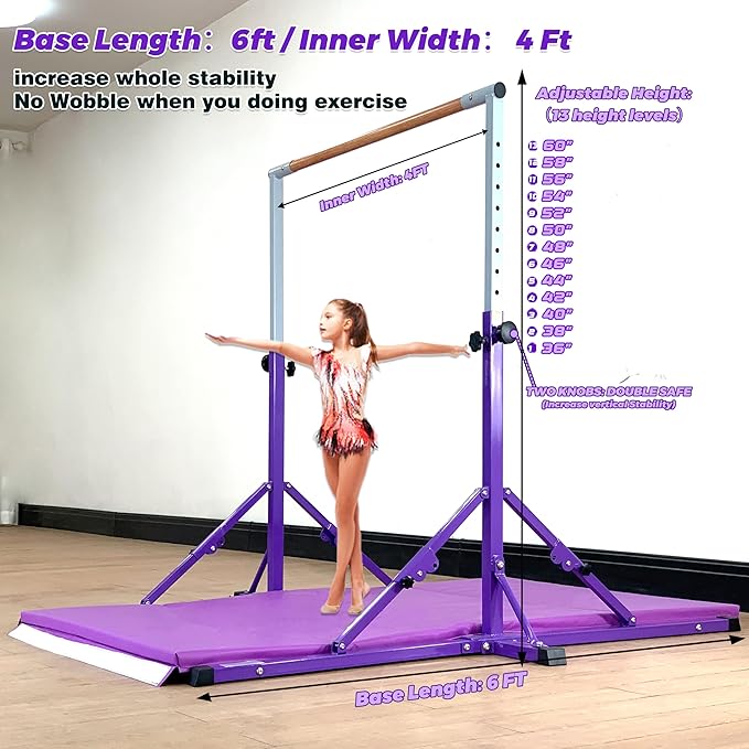 Gymnastic Bar for Kid and Teenage Ages 3-25, 5 FT / 6 FT Base Length, 5 FT / 6 FT Height, Gymnastic Kip Bar Horizontal Bar for Gymnast, Gymnastic Training Equipment for Home and Club Use