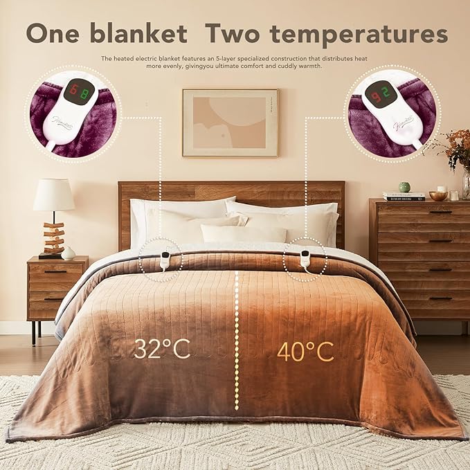 Homemate Electric Heated Blanket Twin - 62"x84" Heating Bed Blankets Throw with 10 Heating Levels 8 Hours Auto Off Fast Heating Over-Heated Protection Ultra Soft Warm Flannel ETL Certified Purple