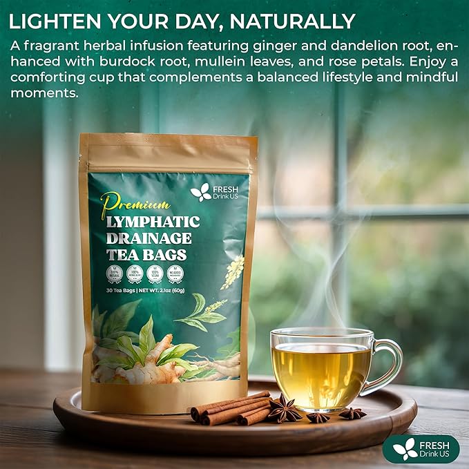 FreshDrinkUS, Lymphatic Drainage Tea | 30 Tea Bags | Herbal Tea Bags with Ginger, Dandelion Root, Burdock Root, Mullein, Calendula, Lemongrass, Rose, Licorice & Tulsi β Caffeine-Free Herbal Blend