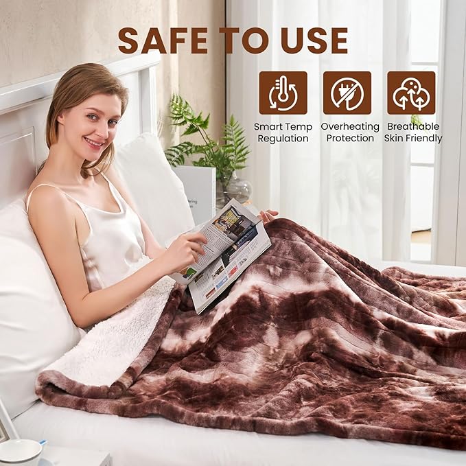 Electric Heated Blanket 50"x60",Luxury White Coffee Faux Fur Electric Throw Blanket,Fast Heating Soft Fluffy Thick Electric Blanket with 6 Heating Levels & 12H Auto Off