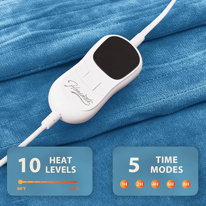 Homemate Heated Blanket Electric Throw - 50"x60" Heating Blanket Throw 1/2/4/6/8 Hours Auto-Off 10 Heat Level Over-Heat Protection Flannel Sherpa ETL Certification