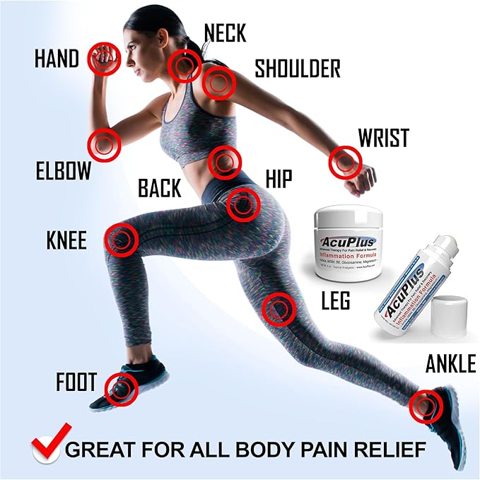 AcuPlus - Topical Pain Relief Anti Inflammatory Cream & Roll On Combo - Soothes Muscles & Joints - Muscle Rub Cream for Arthritis, Bursitis, & Tendonitis - 4 oz. Jar & 3 fl. oz. Roll On