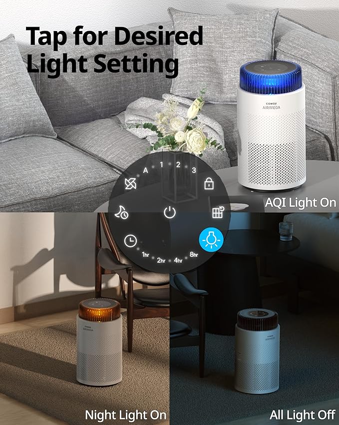 COWAY Air Purifiers for Bedroom Home up to 810 ft², True HEPA Filter for Smoke, Allergies, Pet Dander, Odor, AQI Monitor, Auto&Sleep Mode, Timer, Filter Indicator, Night Light, 3yr Warranty, 100 White