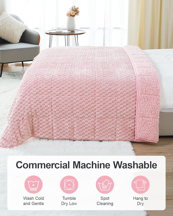 Super Soft Luxury Fleece Sherpa Weighted Blanket 15lbs for Adults, Turtle Shell Fluffy Cozy Warm Queen Weighted Throw for Winter, Ceramic Beads Washable Heavy Blankets for Couch Bed, Pink, 60" x 80"