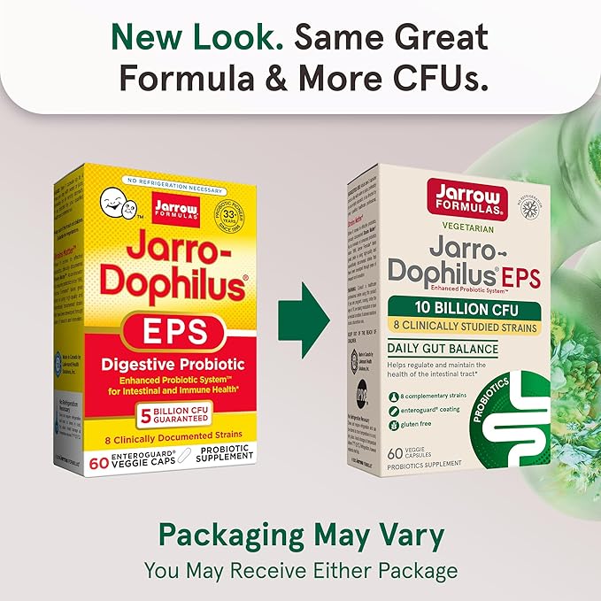 Jarrow Formulas Jarro-Dophilus EPS Probiotics 10 Billion CFU, Dietary Supplement for Intestinal Tract Support, Gut Health Supplements for Women and Men, 60 Veggie Capsules, 30 Day Supply