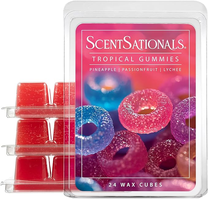 Scentsationals Wax Melts, Wax Cubes Strong Scent – Candy Collection 2 Tropical Gummies – Long Lasting Scented Melts for Warmer, 10oz (24-Cubes)