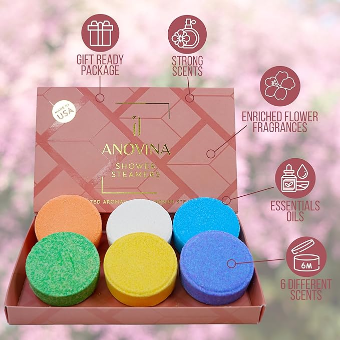 Anovina Shower Steamers Aromatherapy Gift Box Made in USA Self Care Gifts for Women and Men - All Natural Shower Bombs - Shower Tablets Made with Essential Oils
