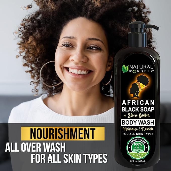Natural Wunderz Body Wash with African Black Soap and Shea Butter, 32 Fl Oz Shower Gel, Promotes Acne Treatment, Contains All Natural Extracts, Vegan, and Sulfate-Free Body Scrub