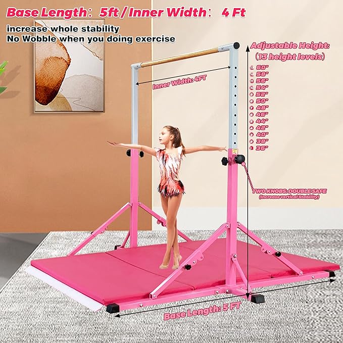 Gymnastic Bar for Kid and Teenage Ages 3-25, 5 FT / 6 FT Base Length, 5 FT / 6 FT Height, Gymnastic Kip Bar Horizontal Bar for Gymnast, Gymnastic Training Equipment for Home and Club Use