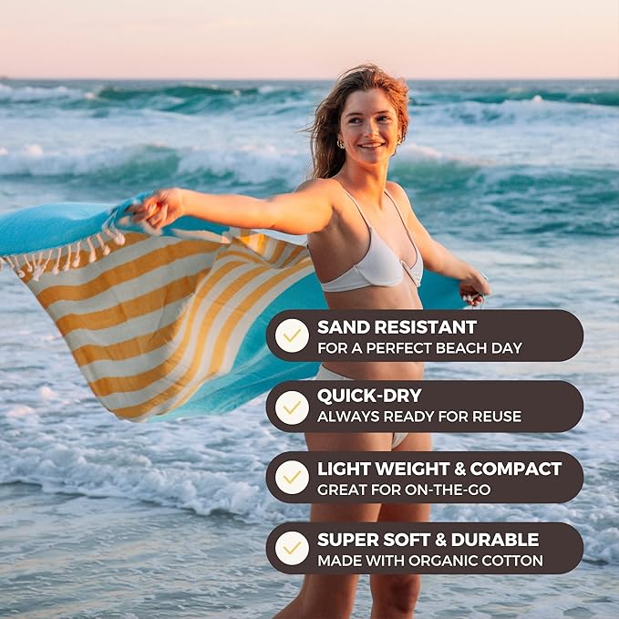 FESHKA Sand Proof Turkish Beach Towel – Oversized, Quick Dry & Lightweight Travel Towel - 100% Organic Cotton Beach Blanket - Perfect for Bath, Pool & Picnic | Good Vibes (Yellow/Blue)
