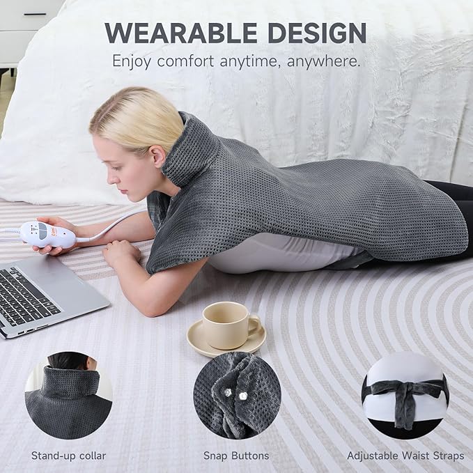 Heating pad for Neck - Wearable Electric Heating Pads for Back, Shoulder and Waist, Large Heat Pad with 4 Massage Modes & 2 Heat Levels for Women, Men, Mom, 24"x35", 2 Motor, Gray