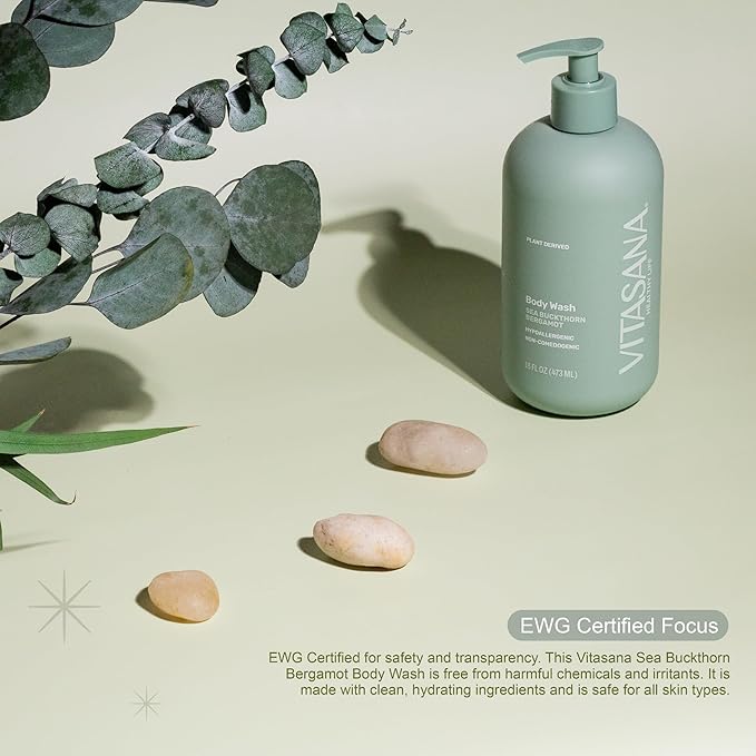 Natural Body Wash for Sensitive Skin, 16 oz – Sea Buckthorn & Bergamot Scent, 98.9% Plant‑Derived, EWG Verified, Hypoallergenic, Paraben‑Free, Sulfate‑Free, Cruelty‑Free