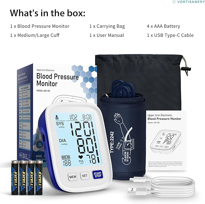Blood Pressure Monitor Upper Arm, 9-17 Inches Medium/Large BP Cuff, Accurate Automatic Digital Electronic BP Machine for Home Use, 4" LCD Display, 3-User Mode 199 Memories Each, A01-BS