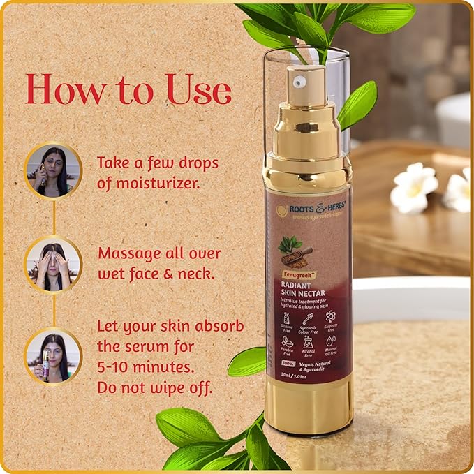 ROOTS AND HERBS Ayurvedic Skin Nectar Natural Treatment 100% For Hydrated and Glowing Skin Vegan Fenugreek Skin Food Serum and Moisturiser for Face and Neck, 1.01oz