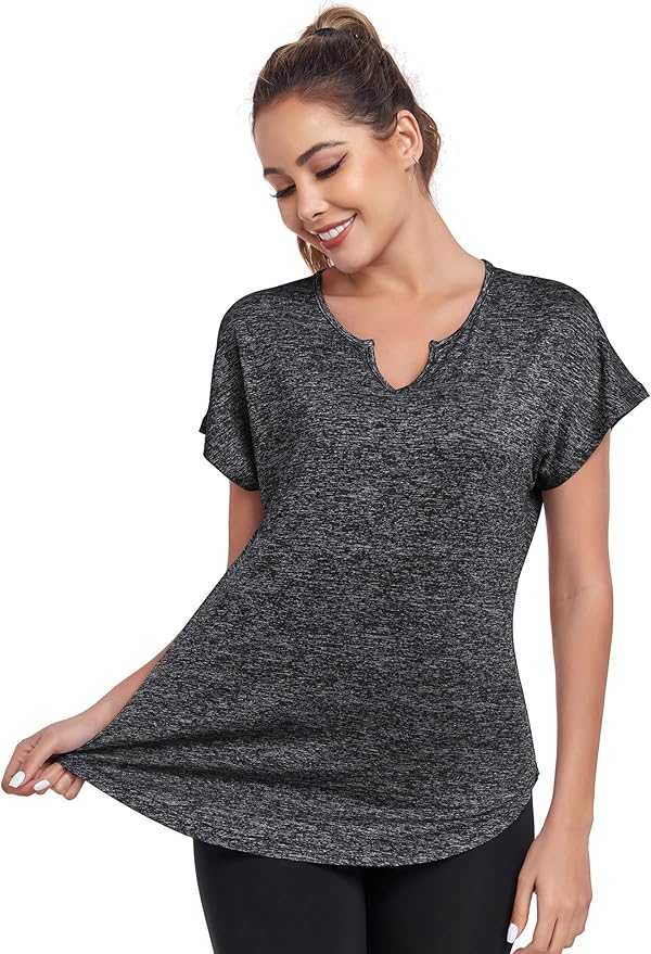 Women's Short Sleeve Workout Shirts V Neck Exercise Yoga Basic Top Quick Dry Side Split