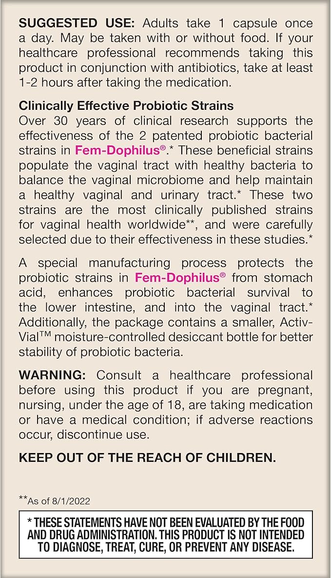 Jarrow Formulas Fem-Dophilus Probiotics 1 Billion CFU with 2 Science-Backed Strains, Dietary Suppl for Vaginal and Urinary Tract Supp,60 Veggie Caps,Up to a 60 Day Supply, Shelf-Stable,12 Packs