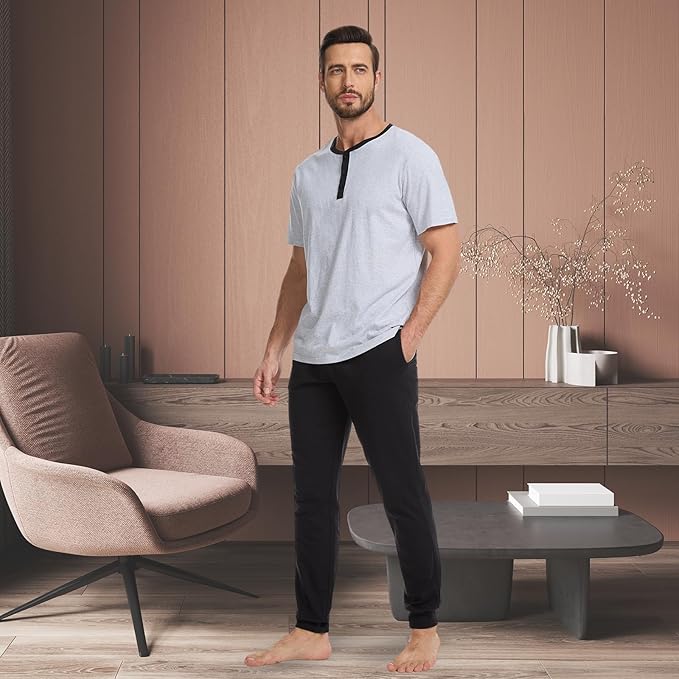 Men's Pajama Set with Henley Neckline 100% Cotton Soft and Comfortable Nightwear 2-Piece Lounge Set