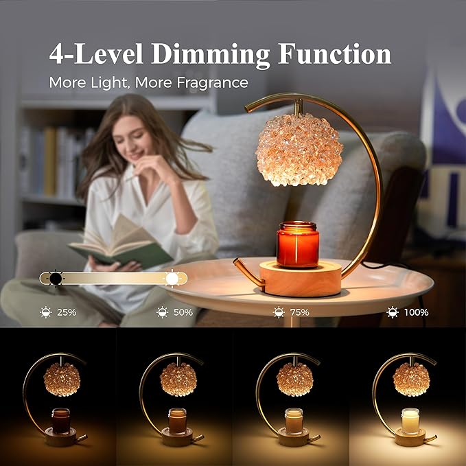 Gold Candle Warmer Lamp for Jar Candles with Adjustable Brightness&Timer,Handcrafted Crystal&Wooden Base, Luxurious Design,Home Decoration Electric Candle lamp(C-Shaped)