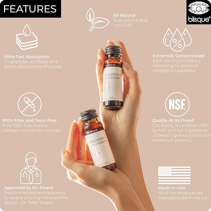 Blisque - Liquid Collagen Tri-Peptide Complex | with Biotin and Hyaluronic Acid | for Hair, Skin, and Nails | 30 Bottles | 30-Day Supply
