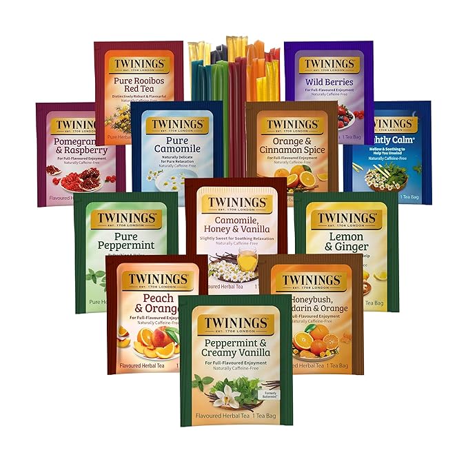 Twinings 48 Tea Bags Herbal Variety Pack, Bundle with 20 Flavored Honey Sticks – 12 Flavors Caffeine-Free Individually Wrapped Teas for Gift Basket, Office, Lobby Refreshments