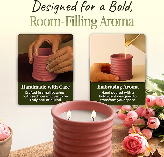 Scented Luxury Candles in Handmade Ceramic Jars, Soy Wax | Canal Rose โ Rose Bud & Oud Scented, Large Candle | Non Toxic, 2 Wicks, Reusable Big Pink Jar | Natural Spring Aromatherapy for Women & Men