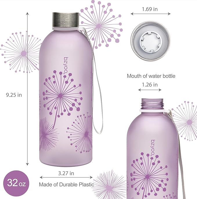 bzyoo 32oz 1 Liter Clear Water Bottle with Time Marker, Dandelion Design, Durable Plastic, BPA-Free, Reusable with Measurement Markings for Fitness and Outdoor Activities (Color: Purple)