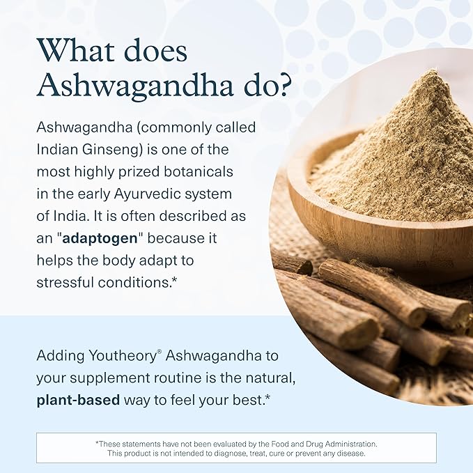 Youtheory Ashwagandha - 1,000 mg - Energy, Sleep, Stress & Cortisol Support Supplement - Adaptogenic Herbal Blend with Organic KSM-66 Ashwagandha & Ginger - 60 Vegetarian Capsules (30-Day Supply)