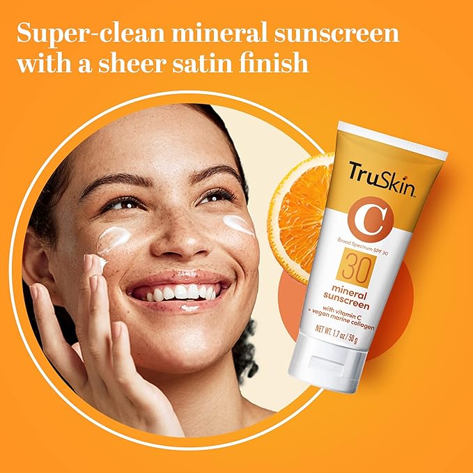 TruSkin Mineral Sunscreen SPF 30 – Broad Spectrum Mineral Sunscreen for Face with Zinc Oxide, Vitamin C & Vegan Marine Collagen – Lightweight SPF for Sensitive Skin, 1.7 fl oz