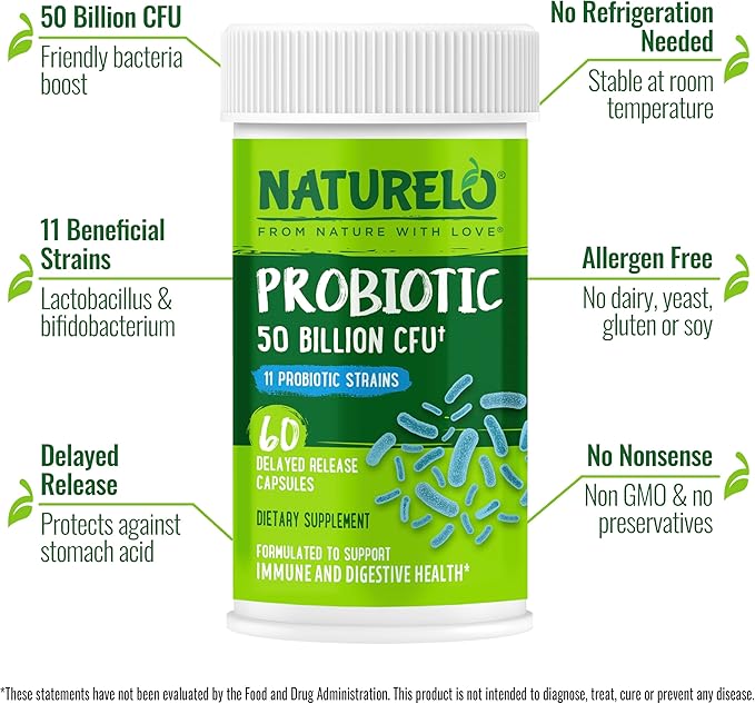 NATURELO Probiotics for Digestive Health - 50 Billion CFU, 11 Strains Daily Supplement - Boosts Immune System, Delayed Release, 60 Vegetarian Capsules