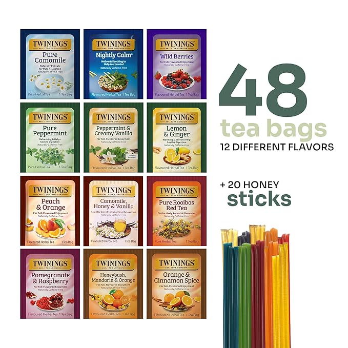 Twinings 48 Tea Bags Herbal Variety Pack, Bundle with 20 Flavored Honey Sticks – 12 Flavors Caffeine-Free Individually Wrapped Teas for Gift Basket, Office, Lobby Refreshments