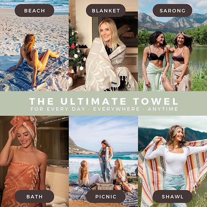 FESHKA Sand Proof Turkish Beach Towel – Oversized, Quick Dry & Lightweight Travel Towel - 100% Organic Cotton Beach Blanket - Perfect for Bath, Pool & Picnic | Cat Eye (Light Green)