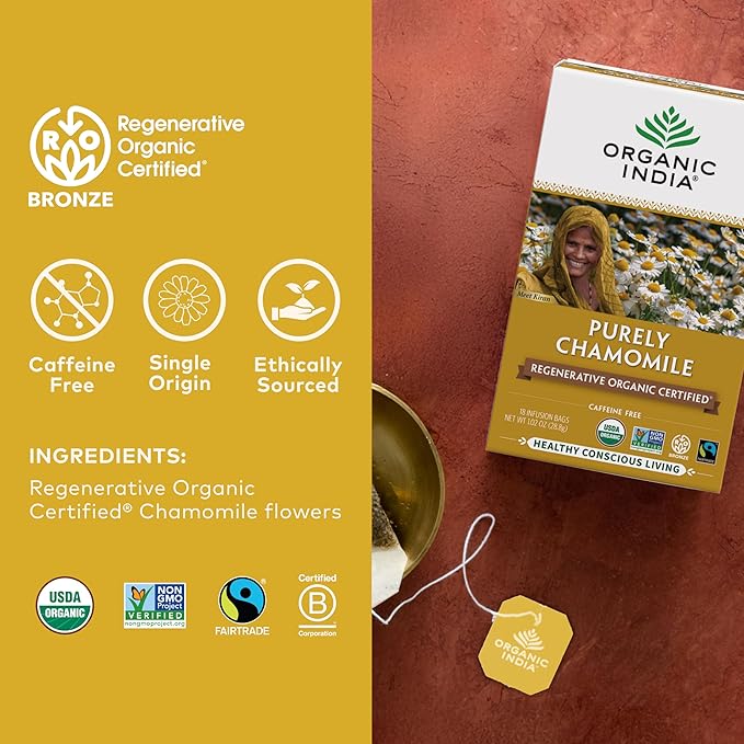 Organic India Purely Chamomile Tea- Regenerative Organic Chamomile Flowers, Caffeine Free, Calming & Relaxing Herbal Tea, Natural Support for Sleep & Relaxation- 18 Tea Bags, Pack of 6