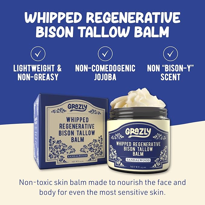 Whipped Bison Tallow Balm w/Manuka Honey, Jojoba, Sandalwood - Grass-Fed & Finished Organic Tallow Face Moisturizer - Face & Body Cream for Acne-Prone Skin - Nourishing Skincare (2.5 oz)