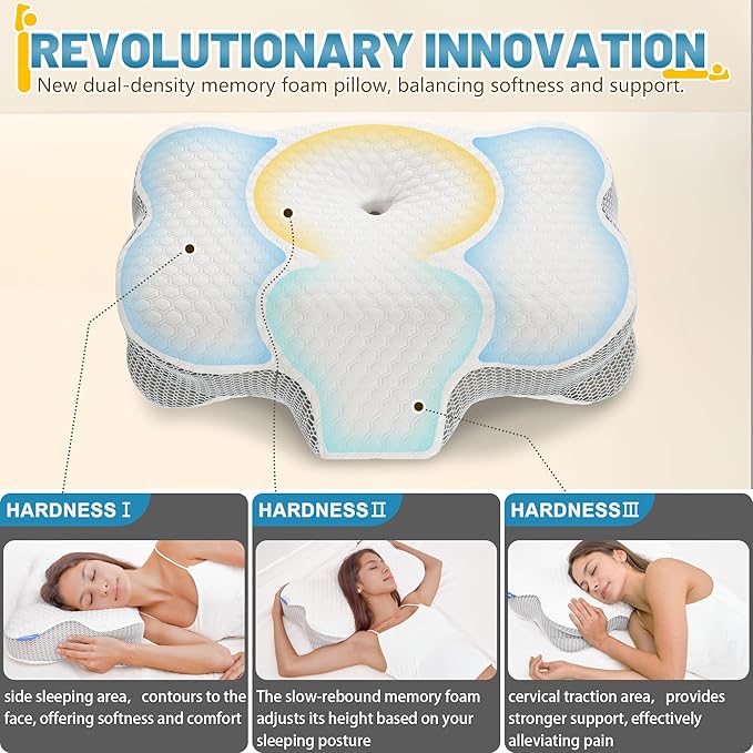 Cervical Neck Pillow for Pain Relief - Ergonomic Side Sleeper Pillows with Dual-Density Memory Foam, Orthopedic Neck Support Pillow for Sleeping, Cooling Pillow for Back Stomach Sleepers