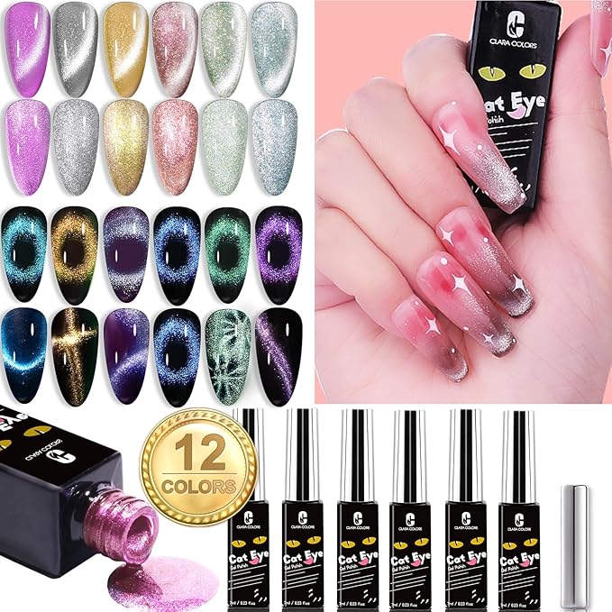 Clara Colors Cat Eye Gel Nail Polish Set - 12 Holographic Glitter Colors With Magnet, Romantic Galaxy Series, Long Lasting Soak Off UV LED