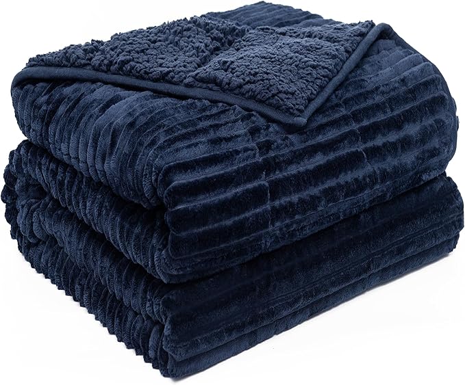 Sherpa Fleece Adult Weighted Blanket 20lbs with Ribbed Stripes, Dual Sided Fuzzy Warm Blanket for Couch Bed Sofa, Heavy Thick Blankets with Ceramic Beads Great for Sleep, Navy Blue, 60" x 80"