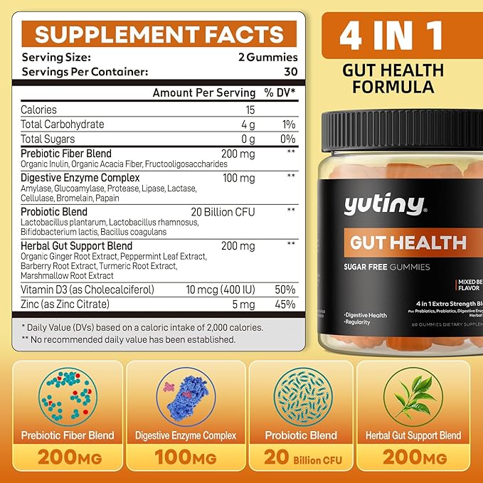 Prebiotics Probiotics & Digestive Enzymes Gummies, Gut Health Supplement with Herbal Blend for Women & Men, Bloating Relief and Immune Support, 60 Count