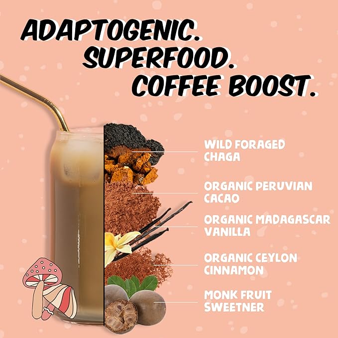 Renude Chagaccino - Chaga Mushroom Powder, Mushroom Coffee Drink Mix with Adaptogens, Natural Energy and Immune Support, Vegan, Keto, Zero Calorie Mushroom Blend Powder - 15 Servings