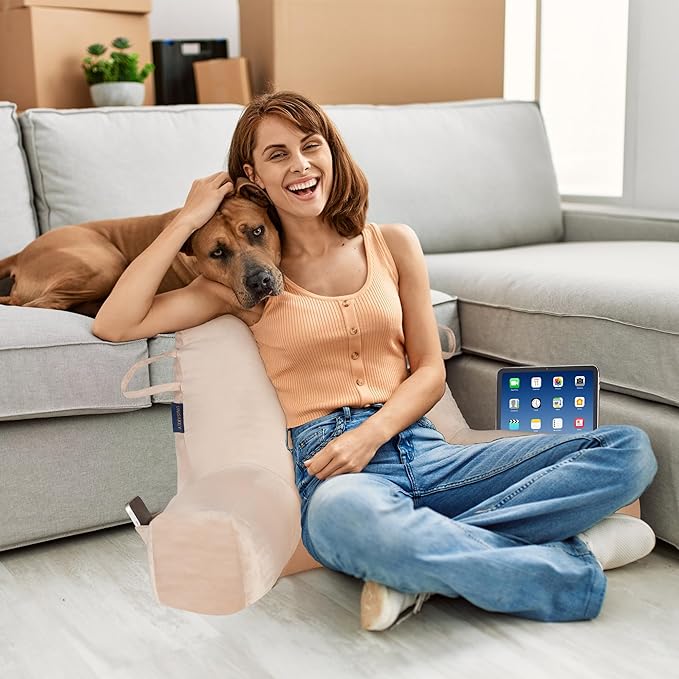 Portable Comfy Reading Pillows for Sitting in Bed Adult(Khaki Oeko-Tex), Velvet Bed Pillow with Arms & Pockets,Elastic Sponge & Washable Cover,Back Pillow for Reading/Watching/Gaming/Resting