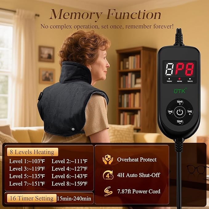 UTK 30s Fast Heating Pad for Neck and Shoulders and Back, 6X Deeper Penetrate, Far Infrared Heated Wrap for Neck and Shoulders Pain Relief, Auto Shut Off, Memory Function, Gifts for Birthday 24"X20"