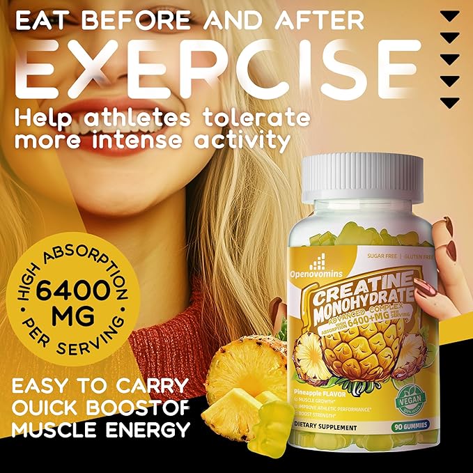 Creatine Monohydrate Gummies Complex for Men & Women -Advanced Formula W/L-Taurine + Vitamin B12, Sugar Free Chewable Supplement,180 Pineapple Gummies 2pack