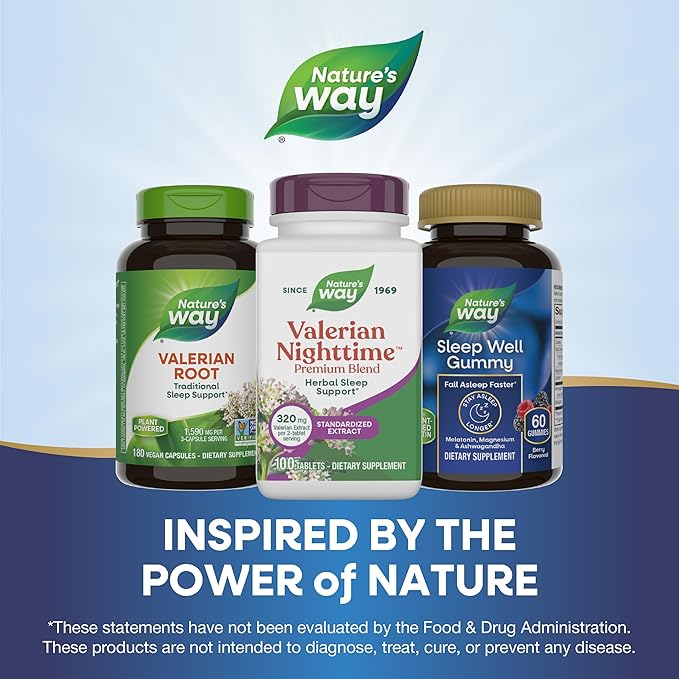 Nature's Way Valerian Nighttime, Herbal Sleep Aid*, 320 mg per Serving of Valerian Extract, Gluten-Free, 100 Tablets
