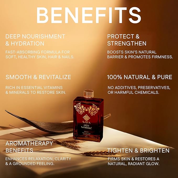 SAFA Oud Sandalé Oil – Organic Oud & Sandalwood Essential Oil for Hair, Body, Face & Nails – Arabian Perfume Oil for Women & Men - Strong & Long Lasting Fragrance 4 Fl Oz