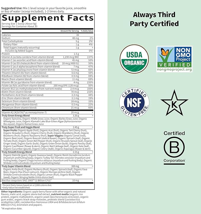 Garden of Life Sport Nutrition Greens and Superfoods Powder for Women and Men - Apple Berry, Organic Blend - Spirulina, Fruit, Vitamins, Pre & Probiotics, Mushrooms, Athletic Supplements, 30 Servings