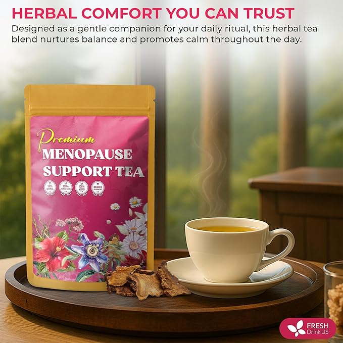 FreshDrinkUS, 40 Tea Bags - Menopause Support Herbal Tea โ Soothing Blend with Rhubarb, Hibiscus, Valerian, Passiflora, Ashwagandha, Fennel & Chamomile, Caffeine-Free, Vegan, Non-GMO